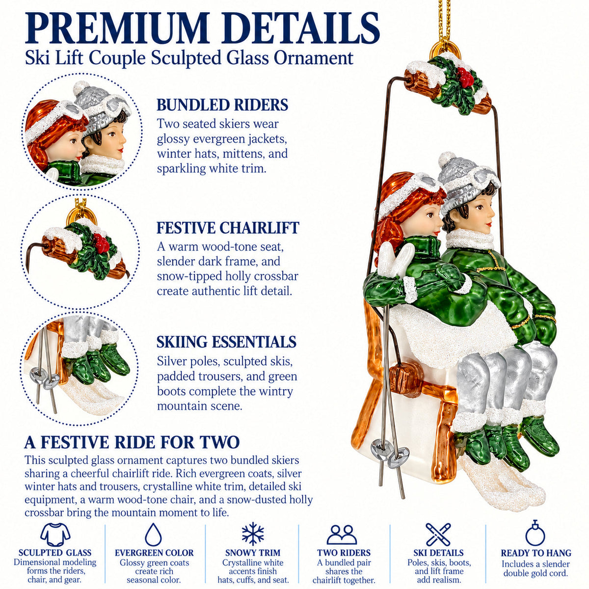 Retro Vintage Ski Lift Couple Glass Christmas Ornament