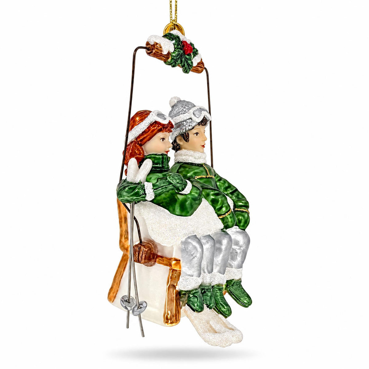 Retro Vintage Ski Lift Couple Glass Christmas Ornament
