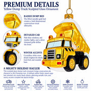 Yellow Construction Dump Truck Glass Christmas Ornament