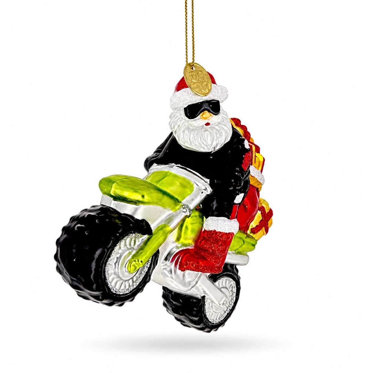 Biker Santa on Dirt Bike Motocross Glass Christmas Ornament