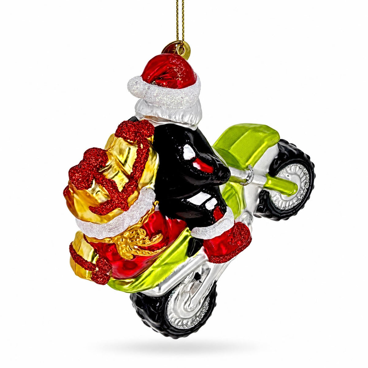 Biker Santa on Dirt Bike Motocross Glass Christmas Ornament