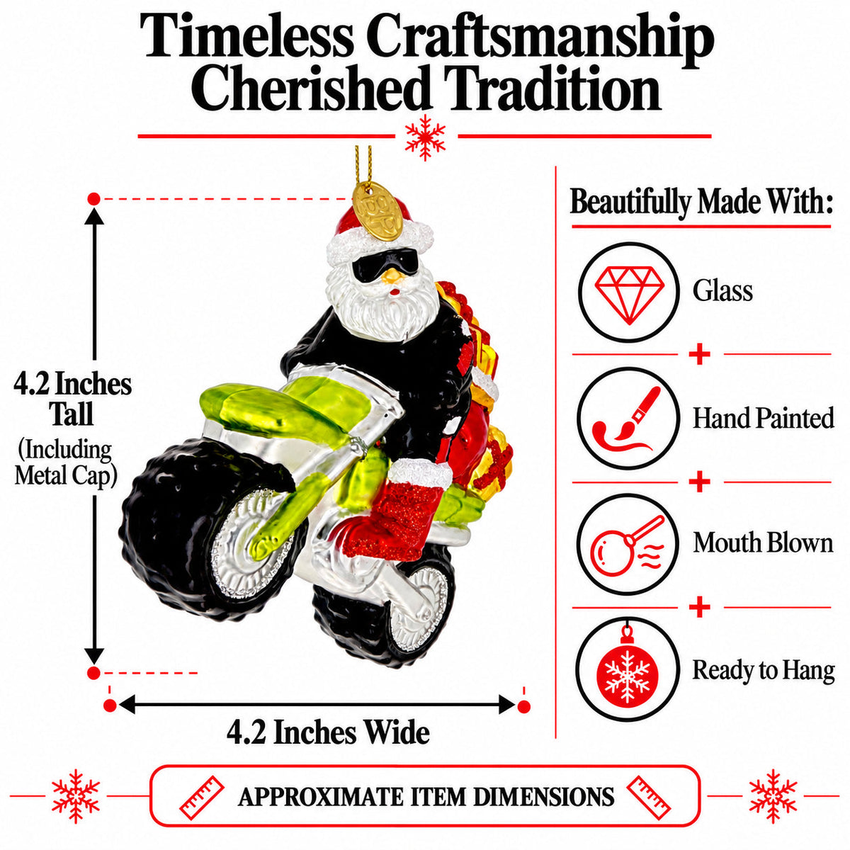 Biker Santa on Dirt Bike Motocross Glass Christmas Ornament