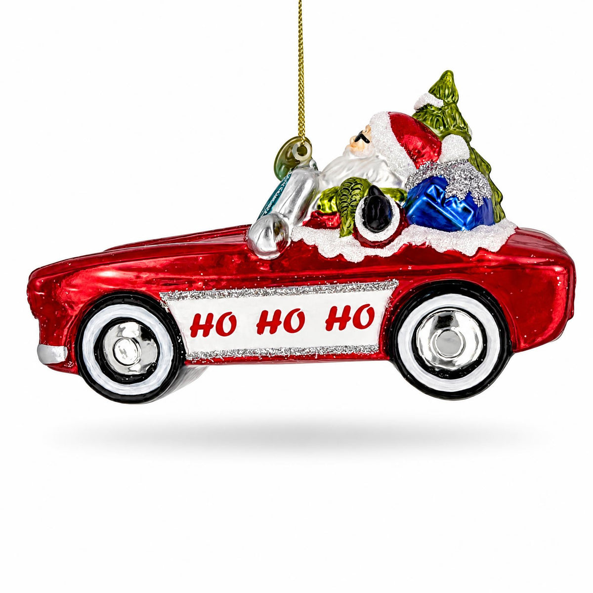 Santa's Vintage Red Convertible Car Glass Christmas Ornament