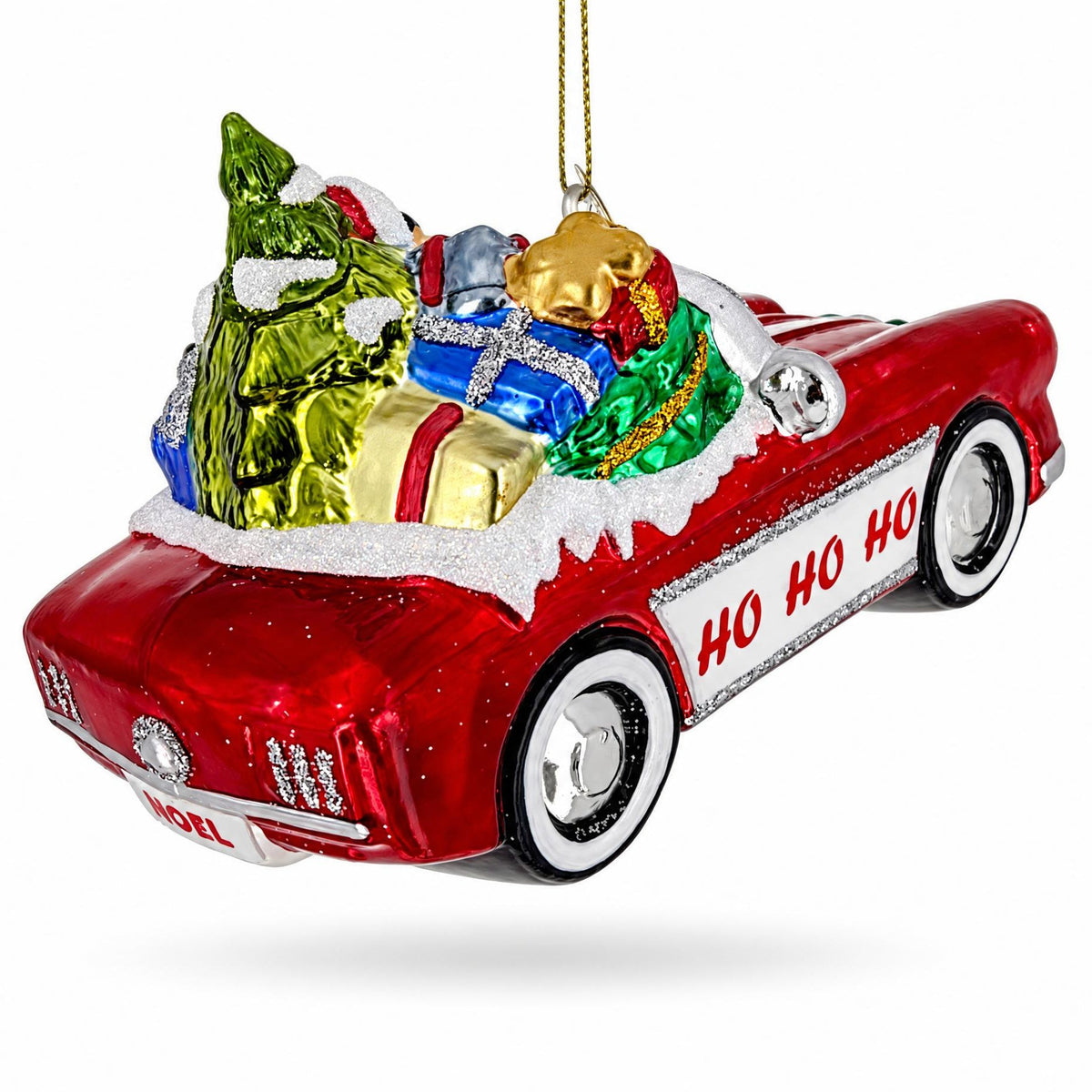 Santa's Vintage Red Convertible Car Glass Christmas Ornament