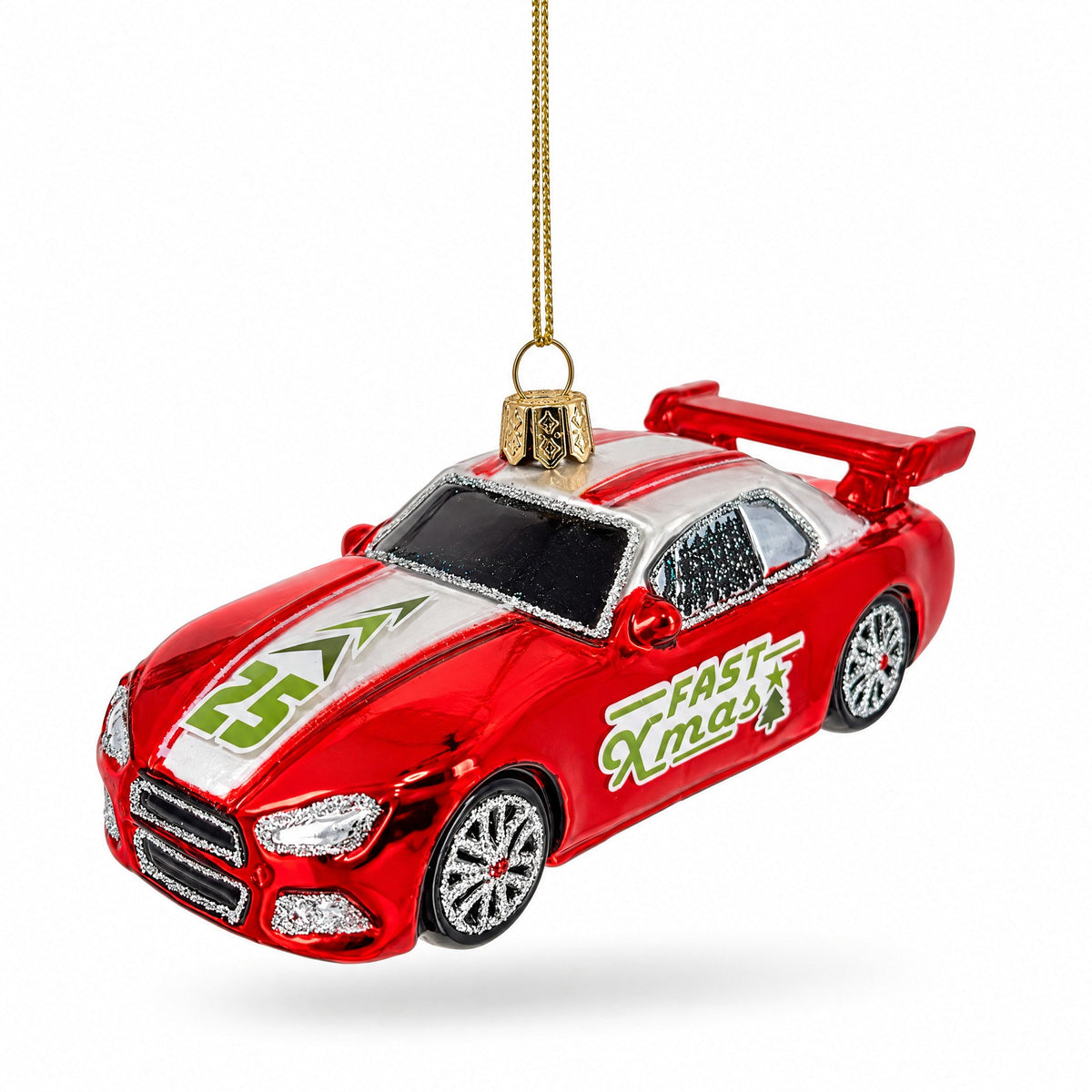 Sports Racing Car with Spoiler Glass Christmas Ornament