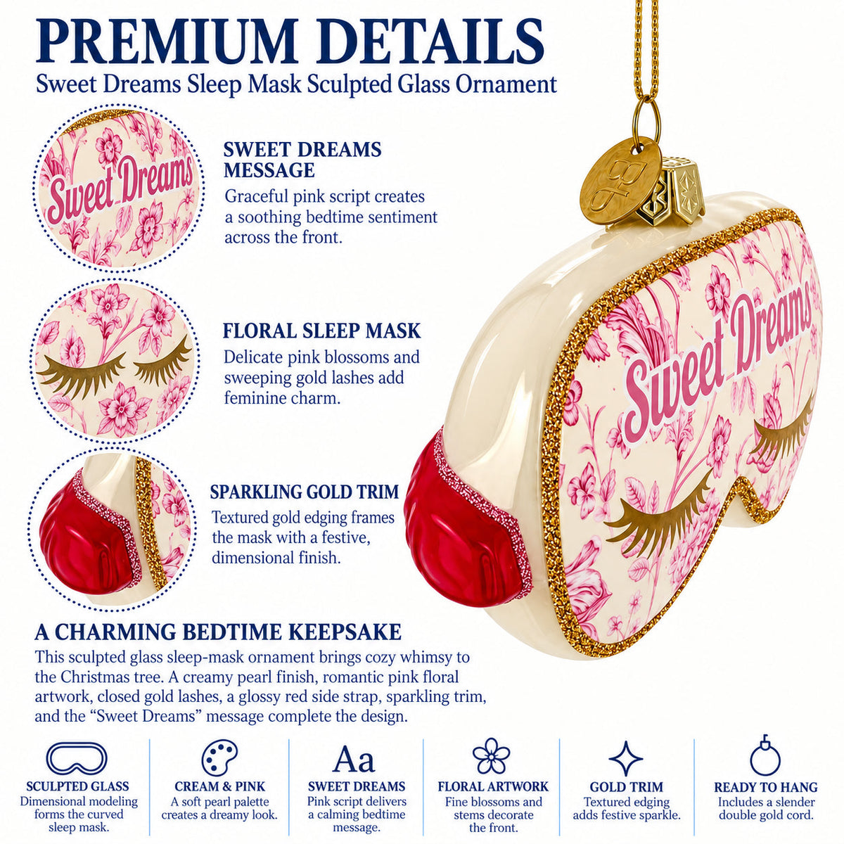 Pink Sleeping Mask with Eyelashes Glass Christmas Ornament