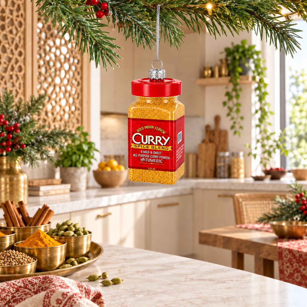 Curry Powder Spice Jar Glass Christmas Ornament
