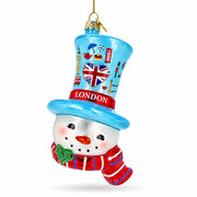 London UK Snowman Head With Blue Top Hat Glass Christmas Ornament