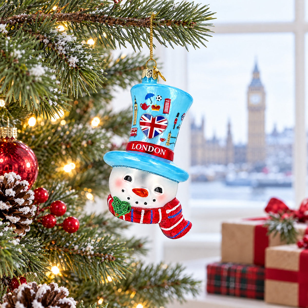 London UK Snowman Head With Blue Top Hat Glass Christmas Ornament