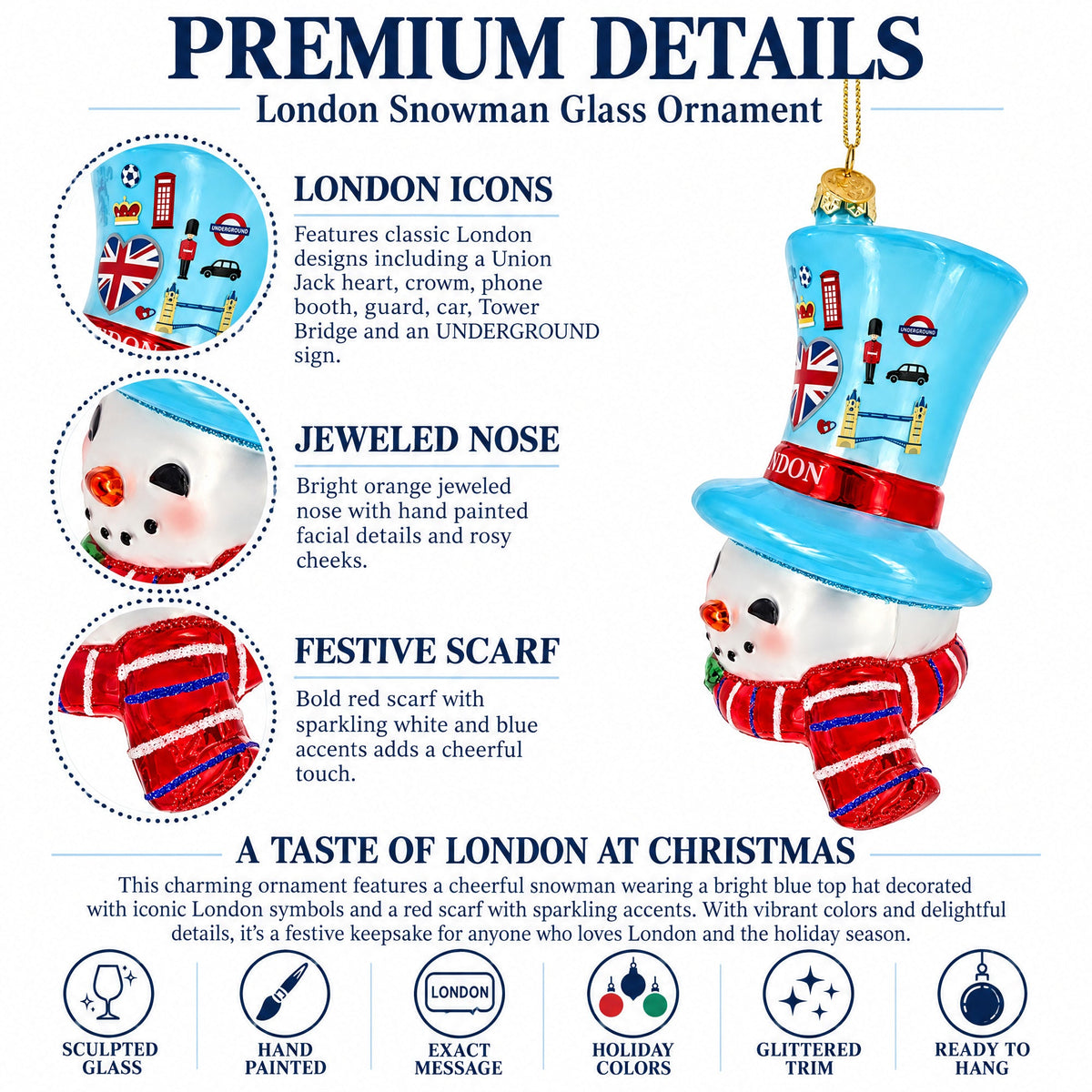 London UK Snowman Head With Blue Top Hat Glass Christmas Ornament