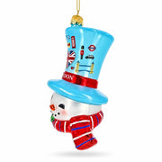 London UK Snowman Head With Blue Top Hat Glass Christmas Ornament