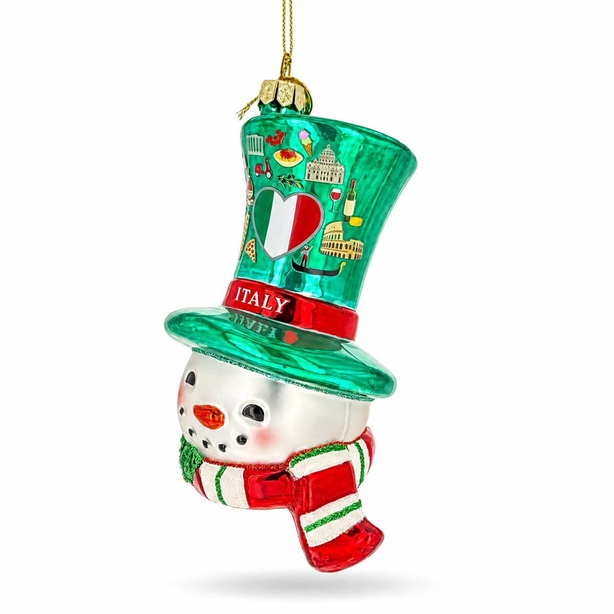 Italy Flag Snowman Head Green Top Hat Glass Christmas Ornament