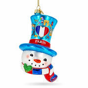 Paris France Theme Snowman Head Blue Top Hat Glass Christmas Ornament