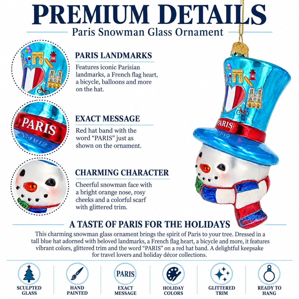 Paris France Theme Snowman Head Blue Top Hat Glass Christmas Ornament