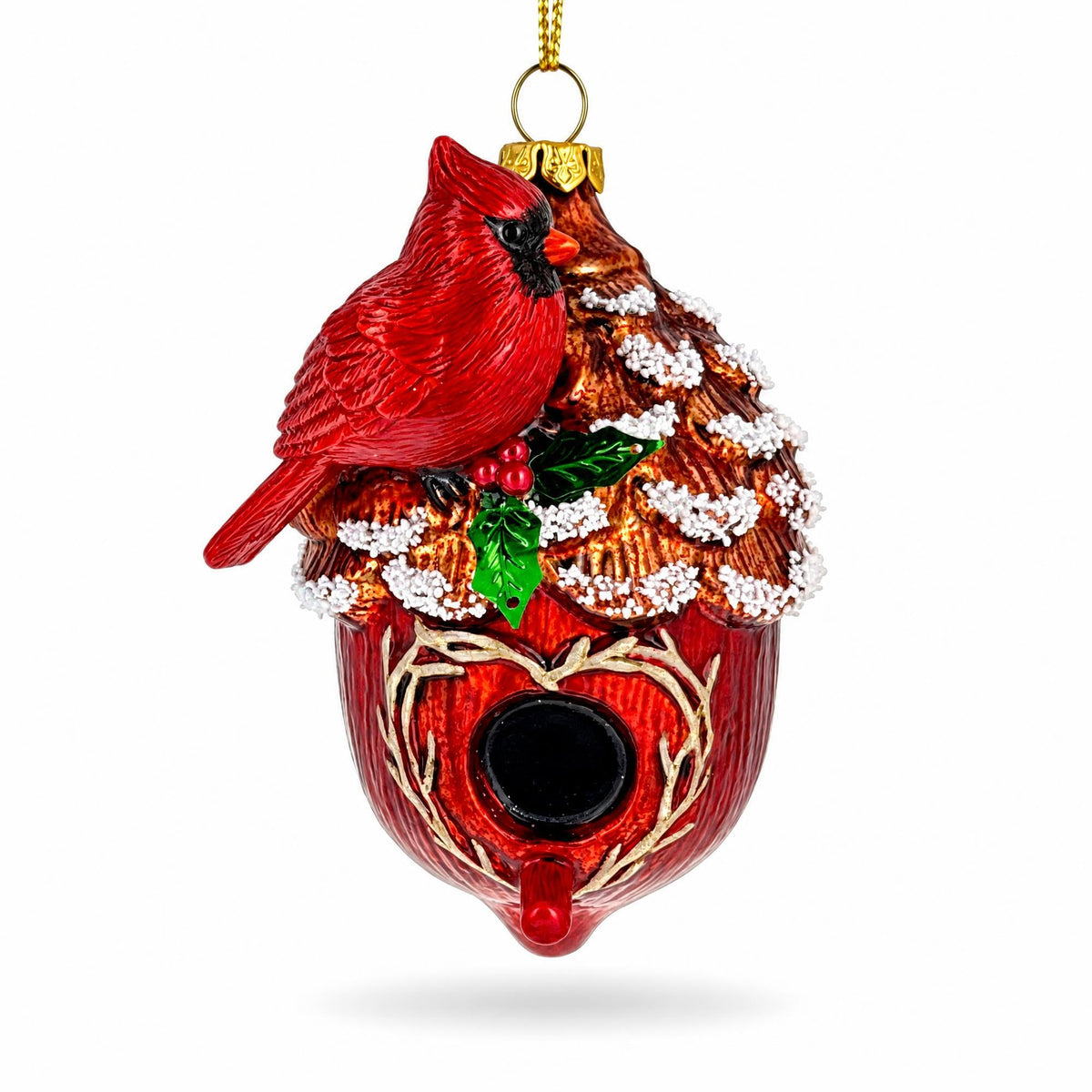 Red Cardinal Bird on Snowy Pinecone Birdhouse Glass Christmas Ornament