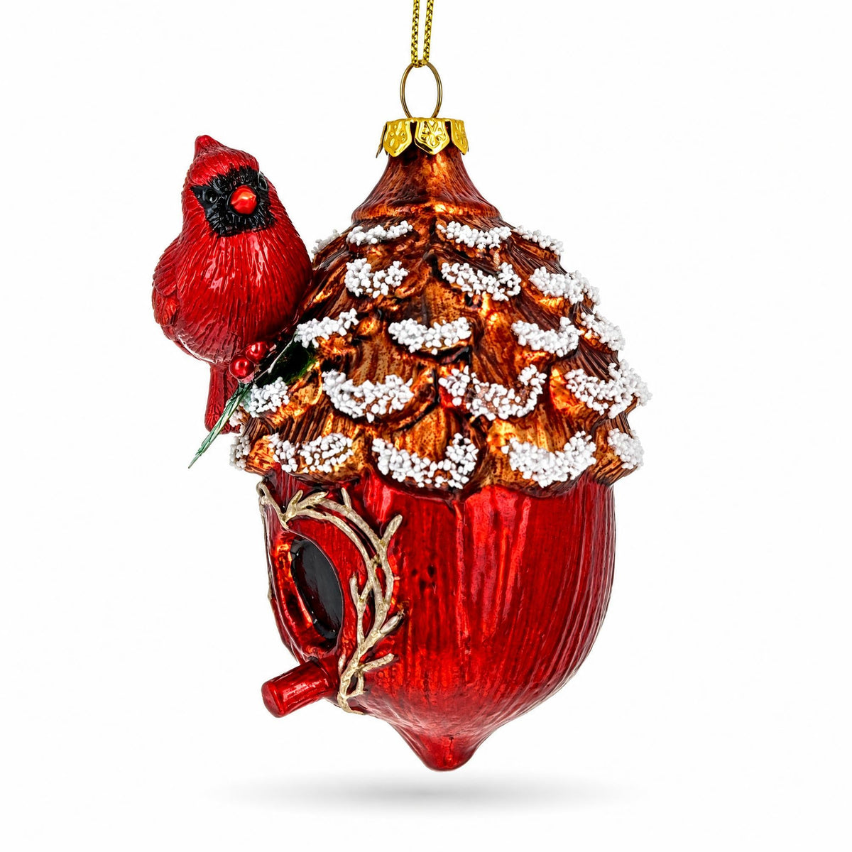 Red Cardinal Bird on Snowy Pinecone Birdhouse Glass Christmas Ornament