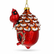 Red Cardinal Bird on Snowy Pinecone Birdhouse Glass Christmas Ornament