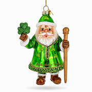 Irish Green Santa Claus Holding Shamrock Glass Christmas Ornament