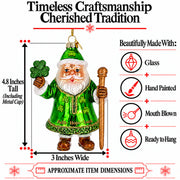 Irish Green Santa Claus Holding Shamrock Glass Christmas Ornament