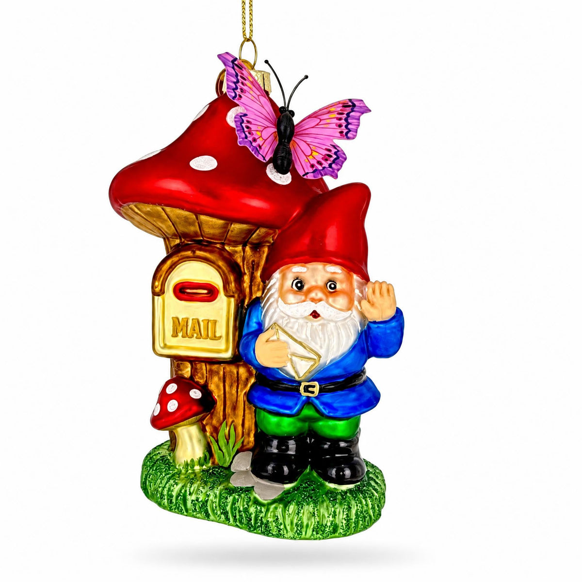Garden Gnome with Mushroom Mailbox Glass Christmas Ornament