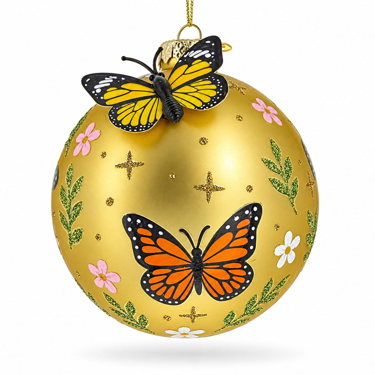 Gold ball ornament with painted butterflies, flowers and a raised yellow butterfly.