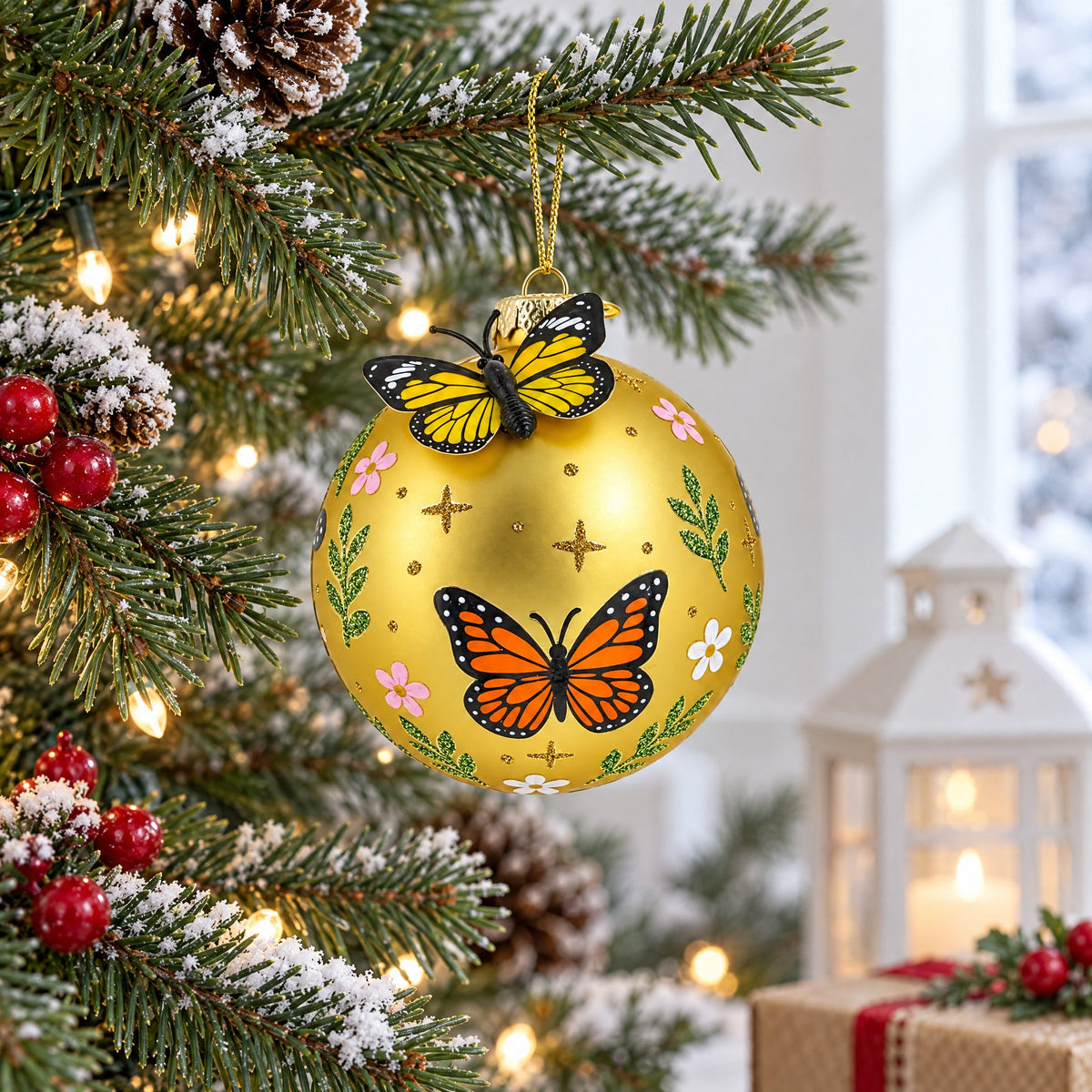 Gold Butterfly Ball Glass Christmas Ornament