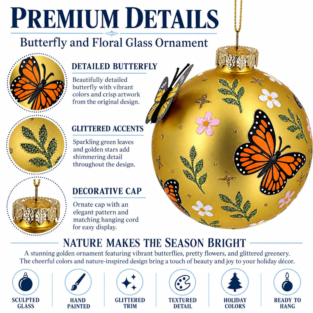 Gold Butterfly Ball Glass Christmas Ornament