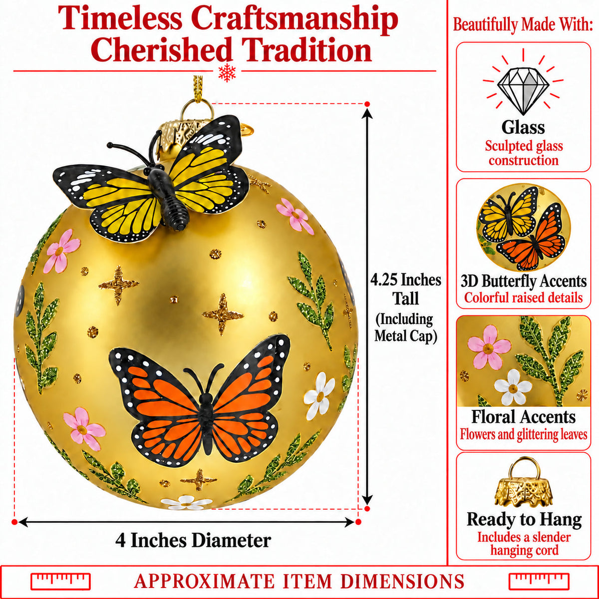 Gold Butterfly Ball Glass Christmas Ornament