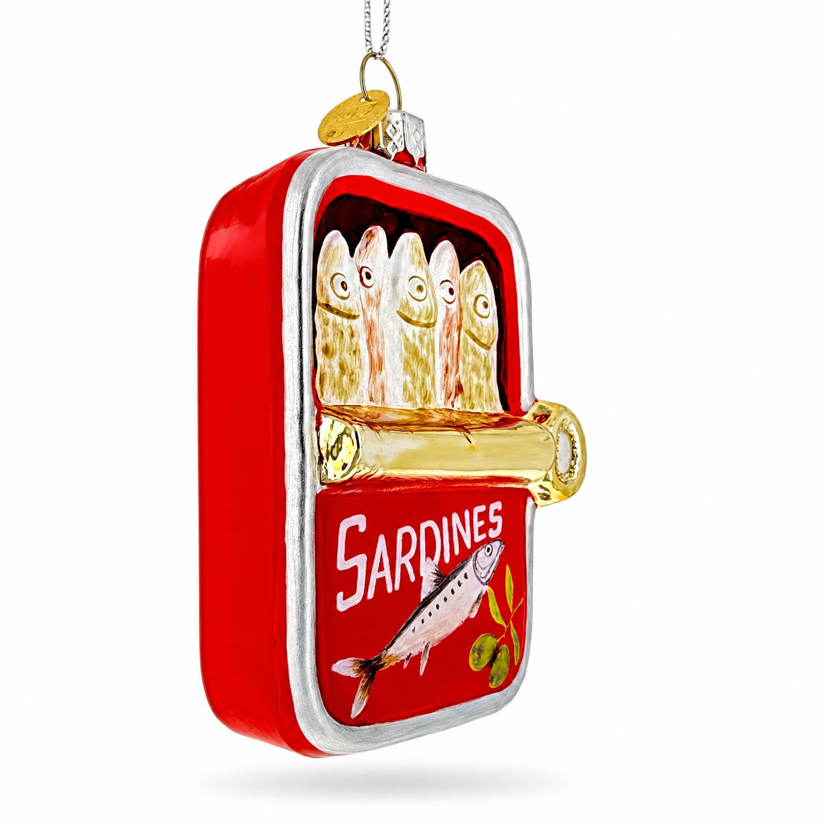 Opened Red Tin Can of Sardines Glass Christmas Ornament