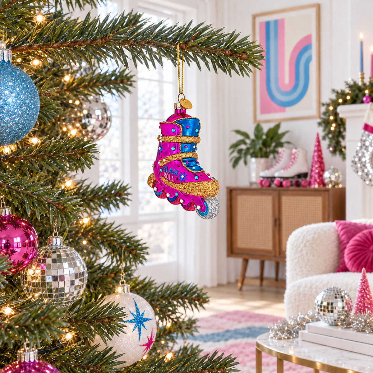 Pink Glitter Rollerblade Inline Skate Glass Christmas Ornament