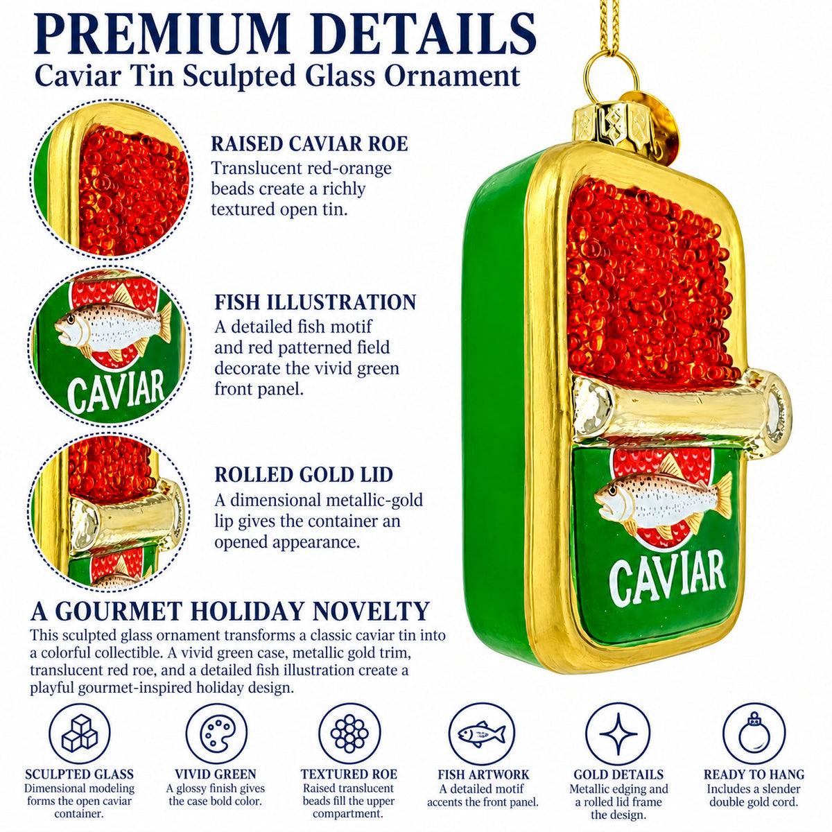 Gourmet Red Caviar Tin Can Glass Christmas Ornament