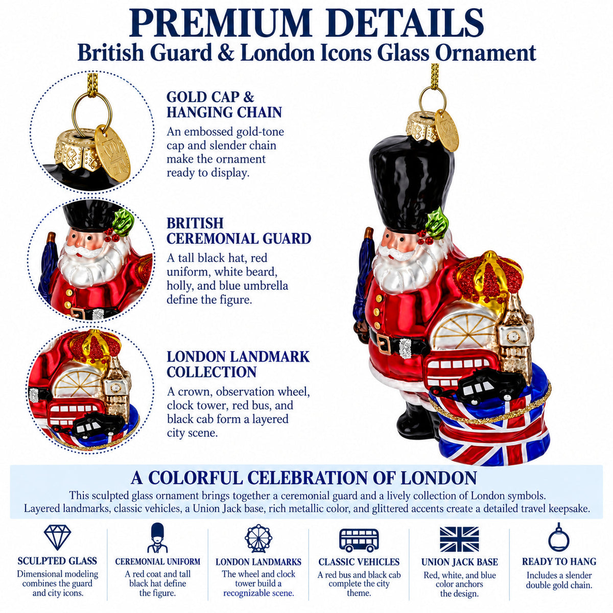 London Royal Guard Santa Union Jack Drum Glass Christmas Ornament
