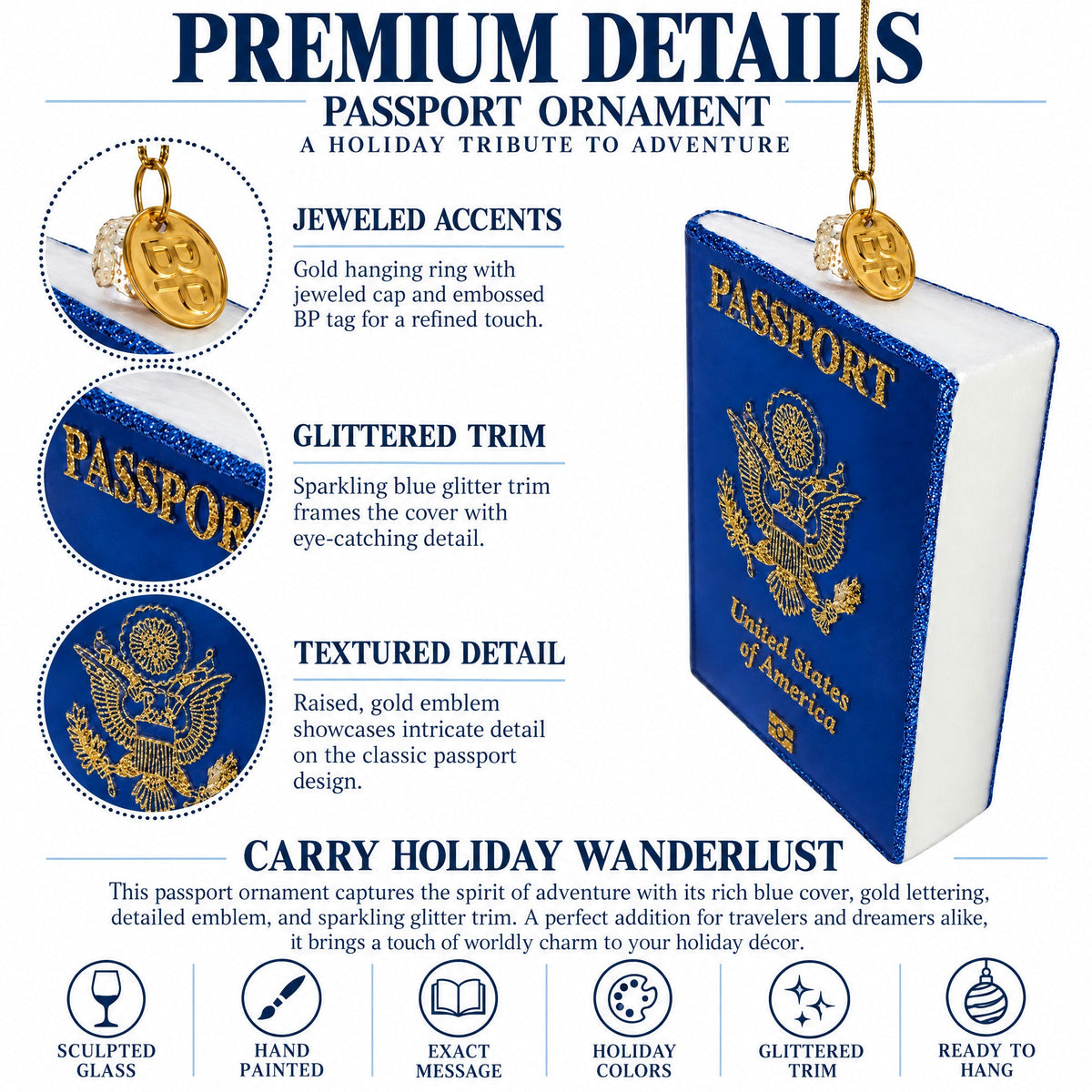 USA Travel Passport Glass Christmas Ornament