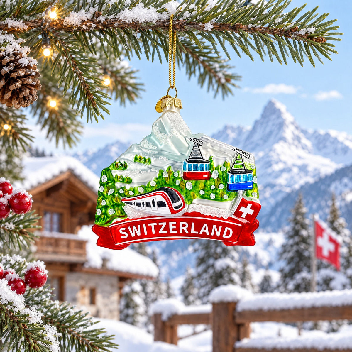 Switzerland Mountain Cable Car And Train Glass Christmas Ornament