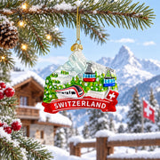 Switzerland Mountain Cable Car And Train Glass Christmas Ornament