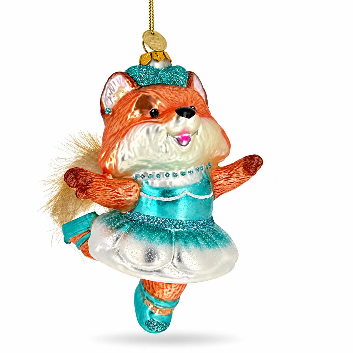 Dancing Fox Ballerina Blue Tutu Furry Tail Glass Christmas Ornament