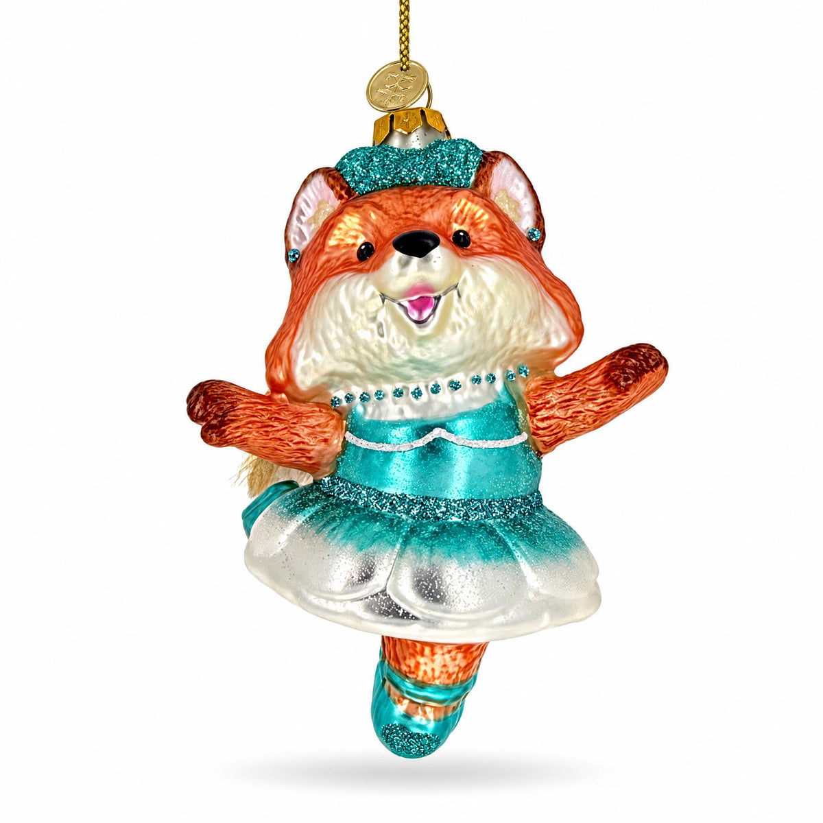 Dancing Fox Ballerina Blue Tutu Furry Tail Glass Christmas Ornament