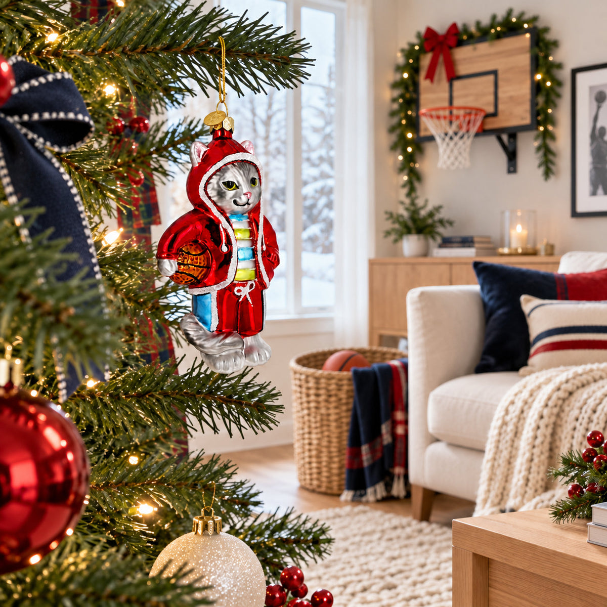 Basketball Cat Glass Christmas Ornament