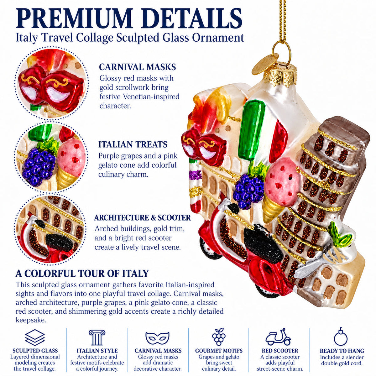Italy Landmarks Travel Souvenir Glass Christmas Ornament
