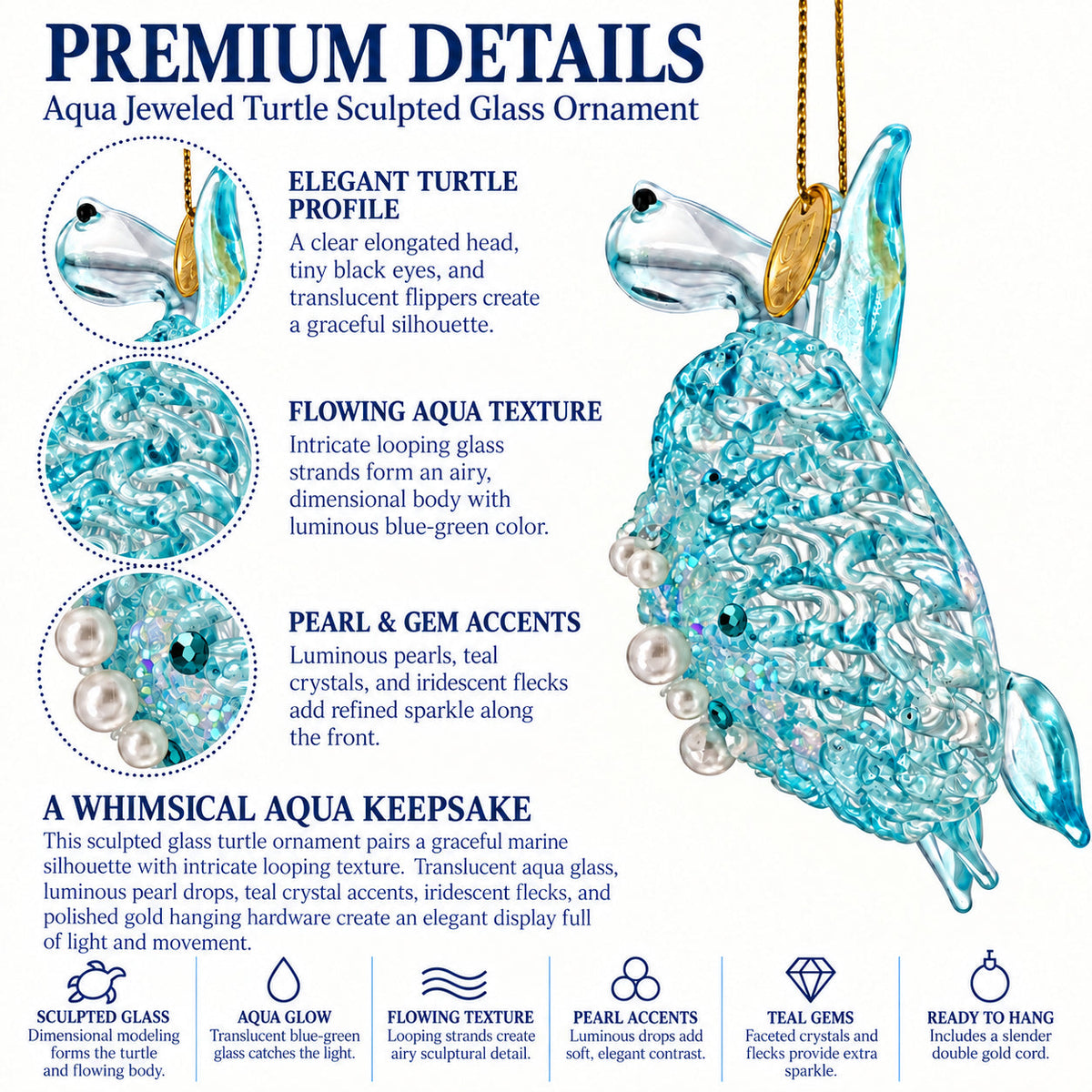 Light Blue Beaded Glass Sea Turtle Christmas Ornament
