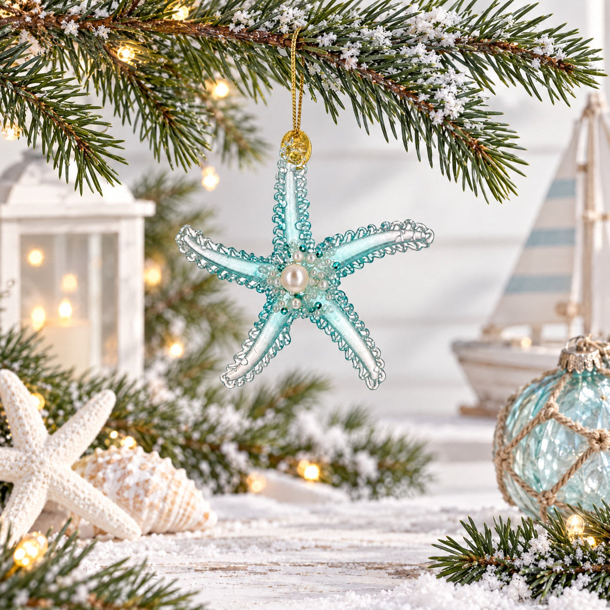 Light Blue Pearl Beaded Glass Starfish Christmas Ornament