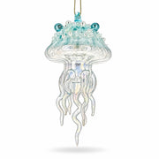 Aqua Pearl Beaded Clear Glass Jellyfish Christmas Ornament