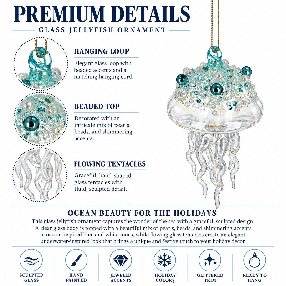 Aqua Pearl Beaded Clear Glass Jellyfish Christmas Ornament
