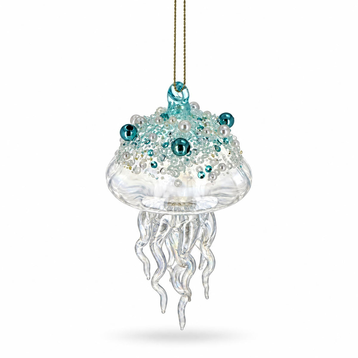 Aqua Pearl Beaded Clear Glass Jellyfish Christmas Ornament