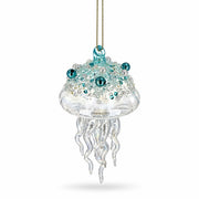 Aqua Pearl Beaded Clear Glass Jellyfish Christmas Ornament