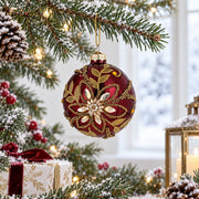 Burgundy Glass Round Gold Leaf Crystal Christmas Ornament