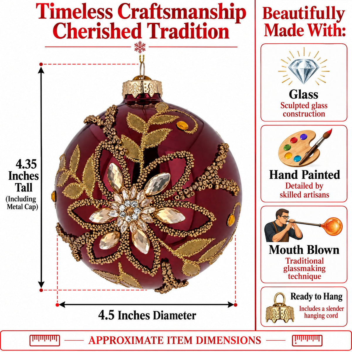 Burgundy Glass Round Gold Leaf Crystal Christmas Ornament