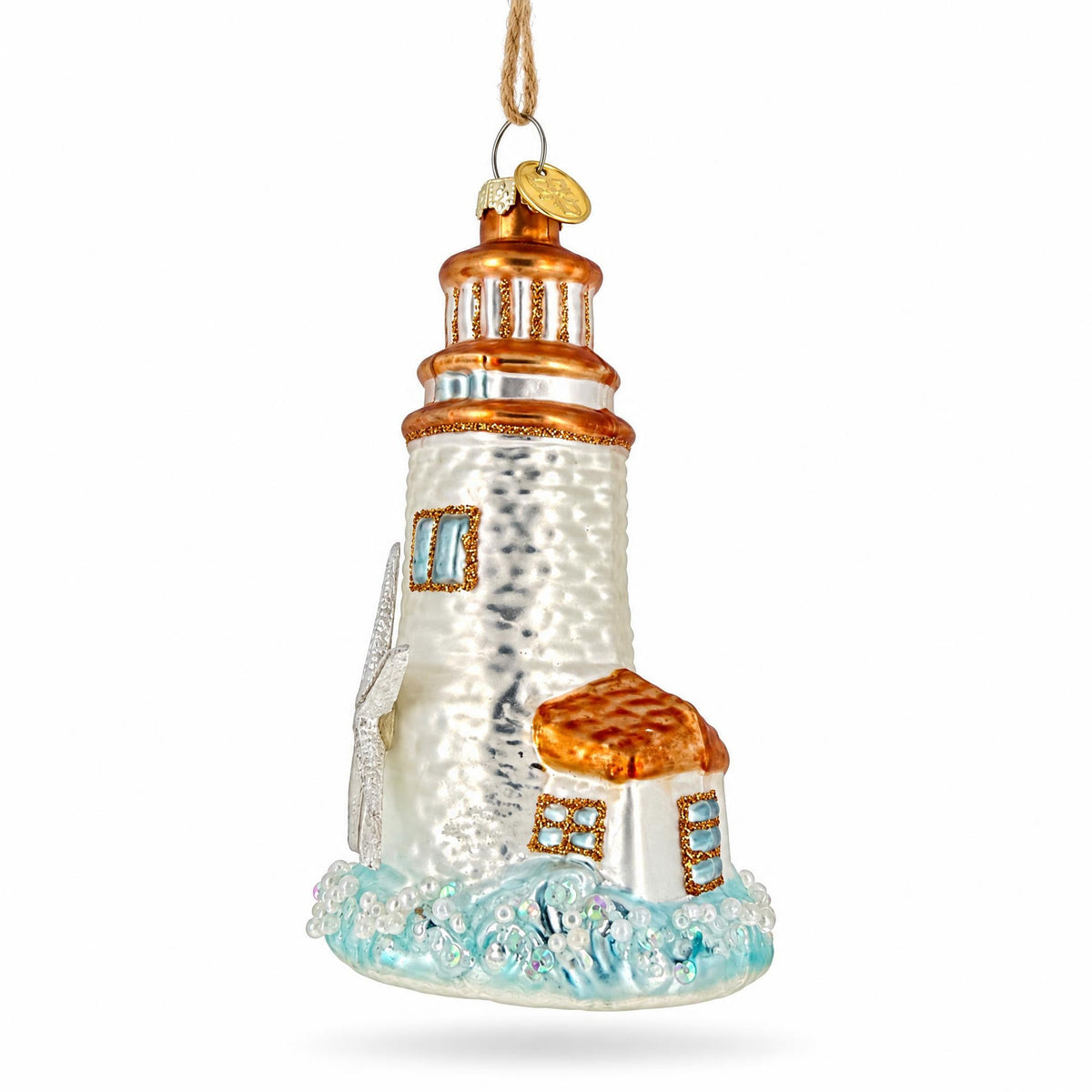 Nautical Lighthouse With Starfish Glass Christmas Ornament