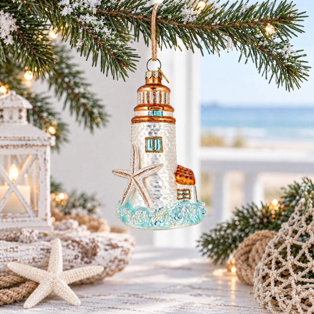 Nautical Lighthouse With Starfish Glass Christmas Ornament