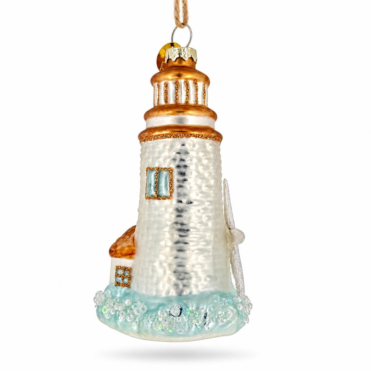 Nautical Lighthouse With Starfish Glass Christmas Ornament